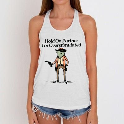 Hold On Partner IM Overstimulated Cowboy Frog Vintage Women's Knotted Racerback Tank