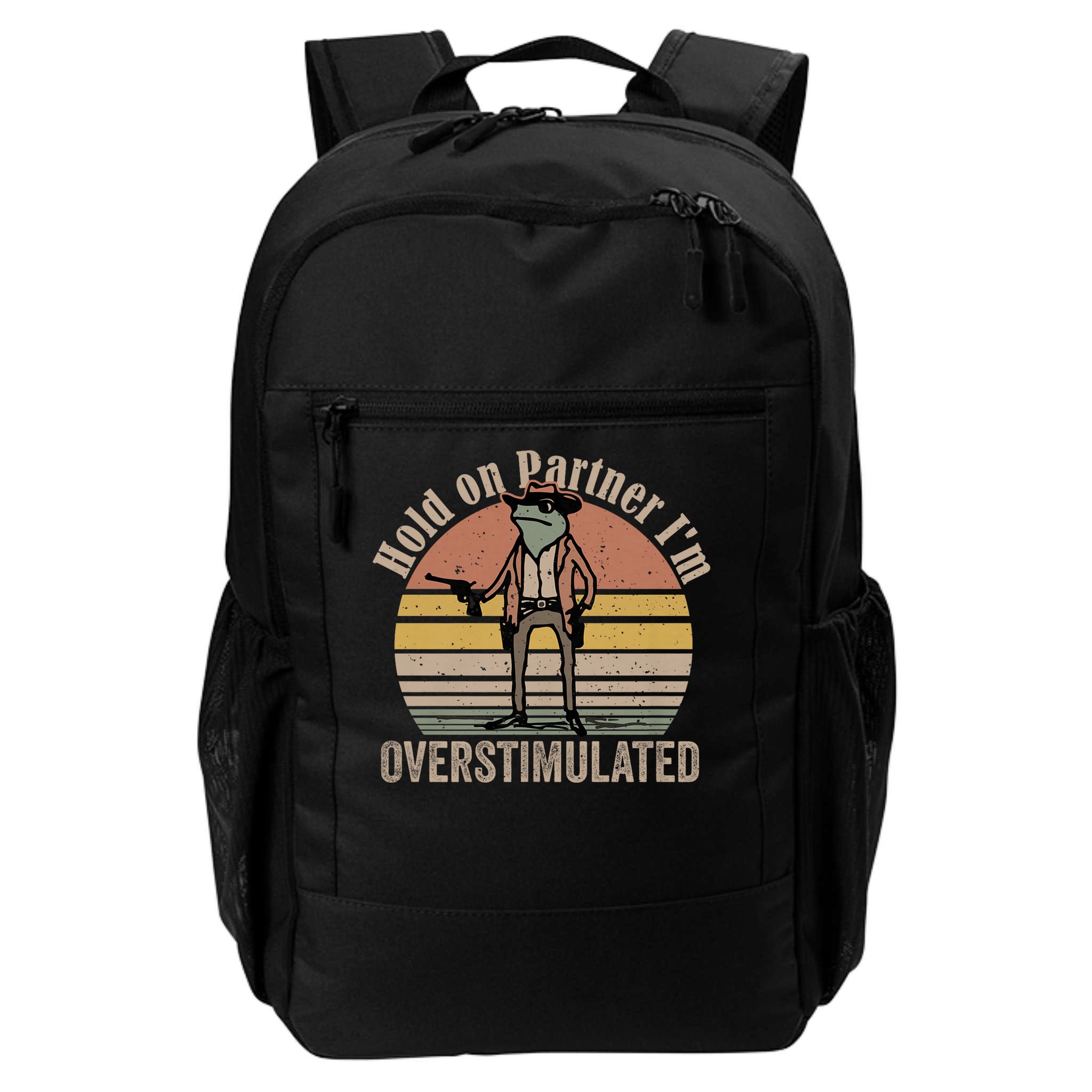 Hold On Partner I'm Overstimulated Cowboy Frog Vintage Backpack