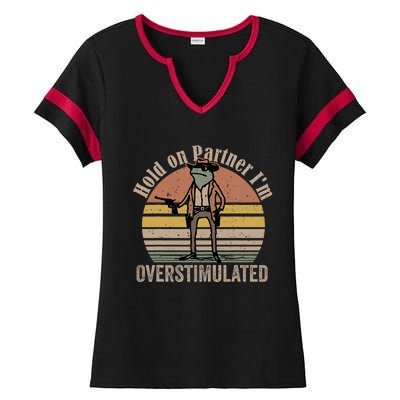 Hold On Partner Im Overstimulated Cowboy Frog Vintage Ladies Halftime Notch Neck Tee