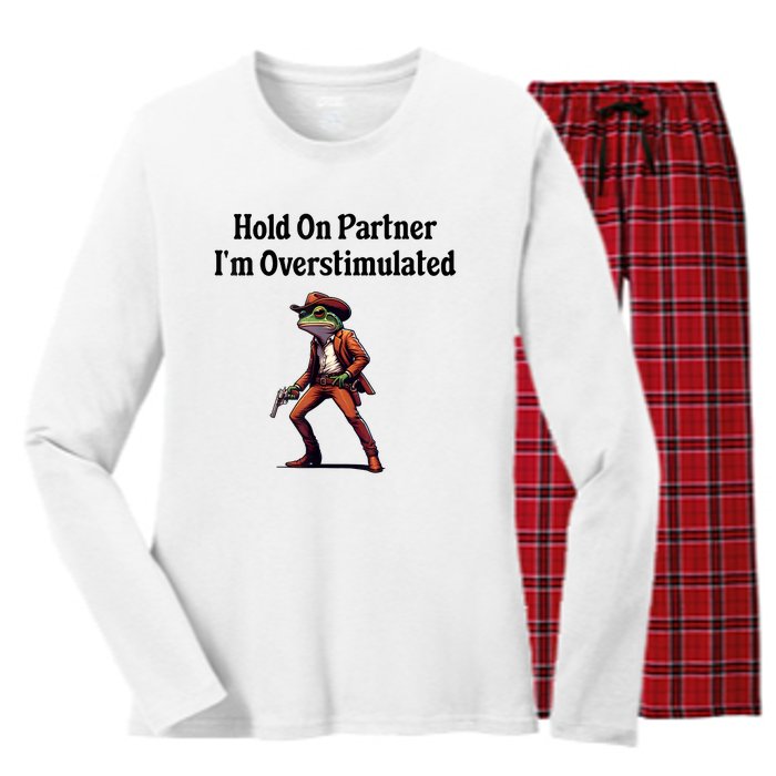 Hold On Partner IM Overstimulated Cowboy Frog Vintage Women's Long Sleeve Flannel Pajama Set 