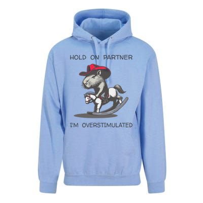 Hold On Partner I Am Overstimulated Funny Capybara Unisex Surf Hoodie