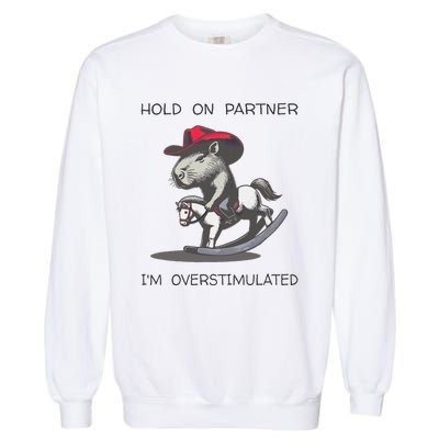 Hold On Partner I Am Overstimulated Funny Capybara Garment-Dyed Sweatshirt