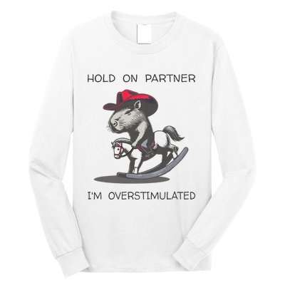 Hold On Partner I Am Overstimulated Funny Capybara Long Sleeve Shirt