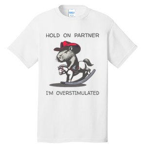 Hold On Partner I Am Overstimulated Funny Capybara Tall T-Shirt