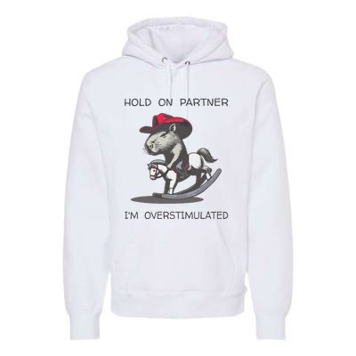 Hold On Partner I Am Overstimulated Funny Capybara Premium Hoodie