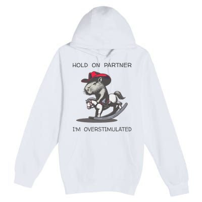 Hold On Partner I Am Overstimulated Funny Capybara Premium Pullover Hoodie