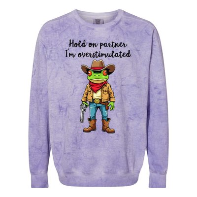 Hold On Partner IM Overstimulated Cow Frog Colorblast Crewneck Sweatshirt