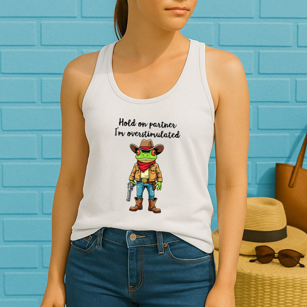 Hold On Partner IM Overstimulated Cow Frog Womens Tank Top