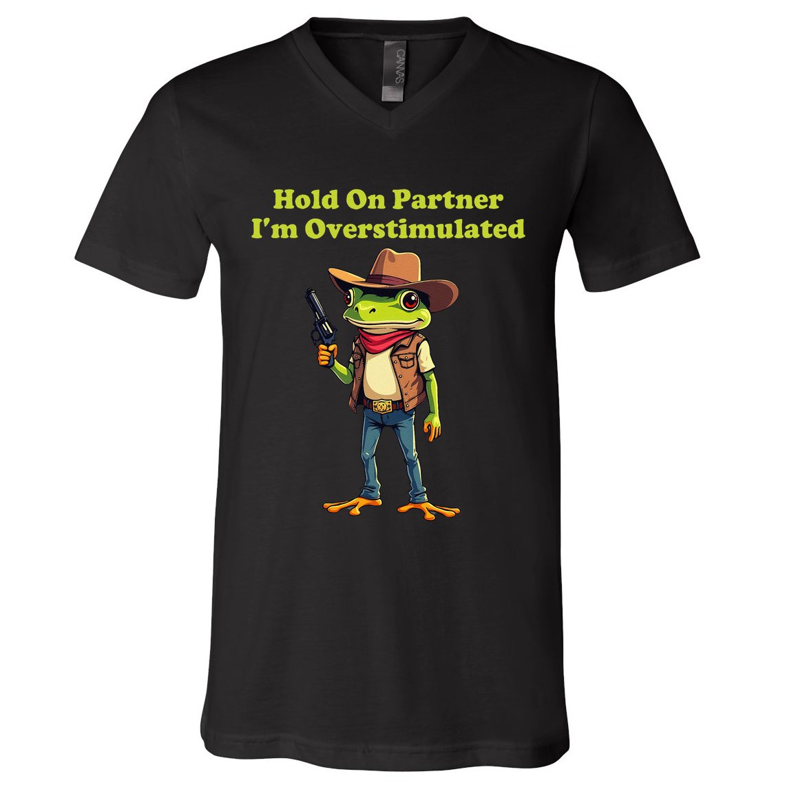 Hold On Partner IM Overstimulated Cow Frog V-Neck T-Shirt