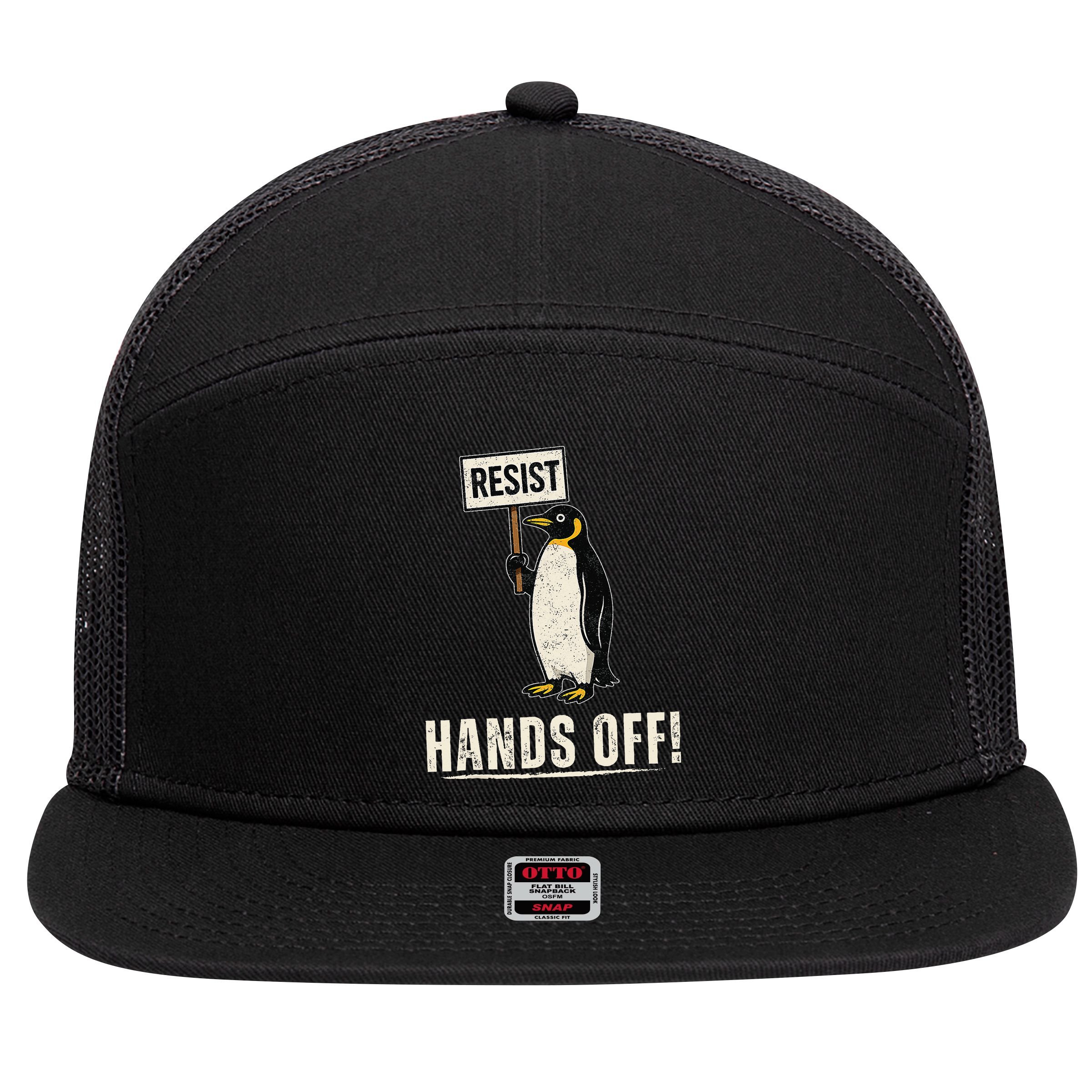 Hands Off Penguins Protest Against Tariffs Penguin Resist 7 Panel Mesh Trucker Snapback Hat