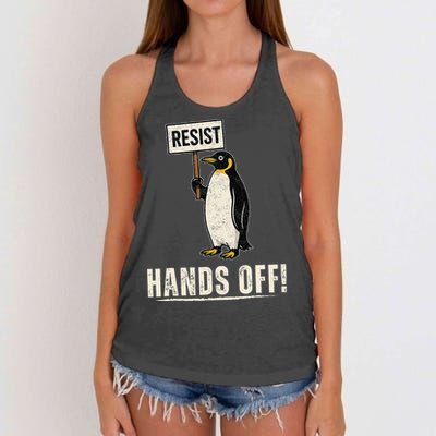 Hands Off Penguins Protest Against Tariffs Penguin Resist Women's Knotted Racerback Tank