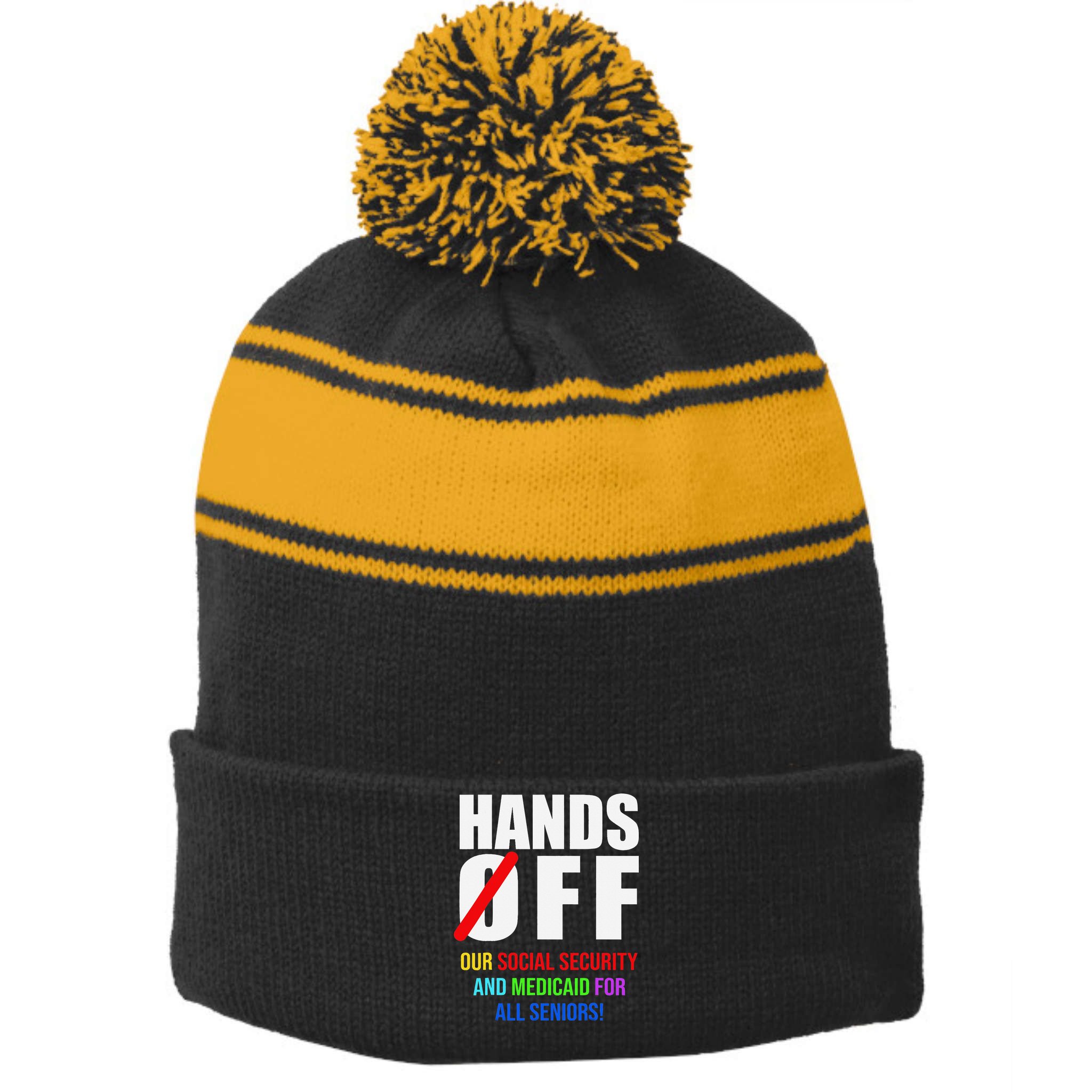 Hands Off Protest Social Security And Medicare Protest Stripe Pom Pom Beanie