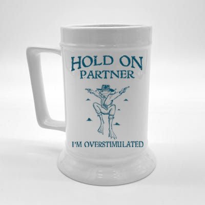 Hold On Partner IM Overstimulated Cowboy Frog Retro Vintage Beer Stein