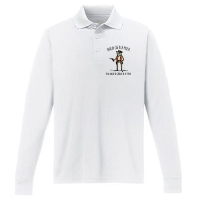 Hold On Partner IM Overstimulated Cowboy Frog Vintage Performance Long Sleeve Polo