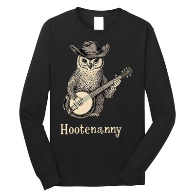 Hootenanny Owl Playing Banjo Country Owl Banjo Guitar Music  Long Sleeve Shirt