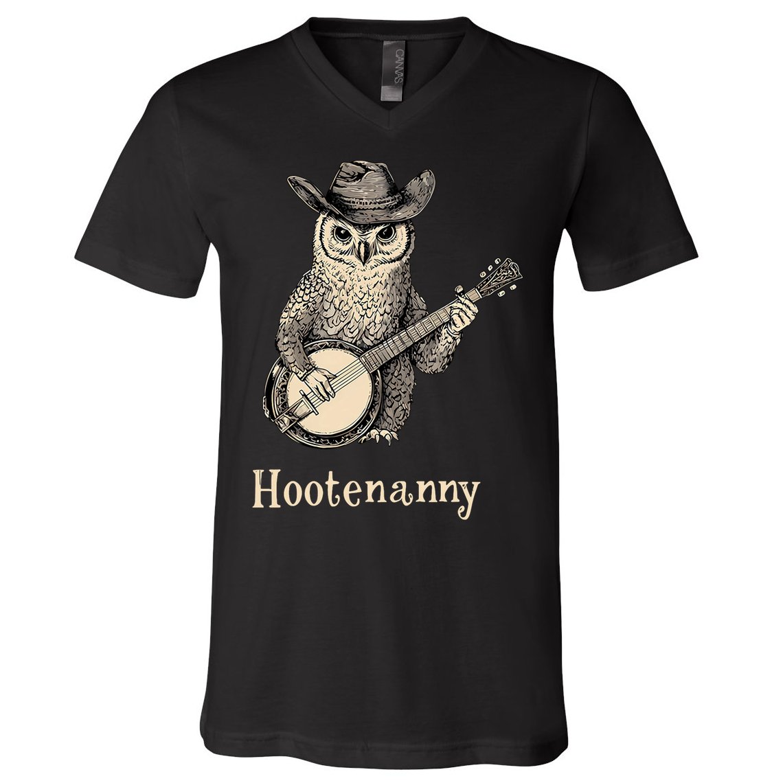 Hootenanny Owl Playing Banjo Country Owl Banjo Guitar Music  V-Neck T-Shirt