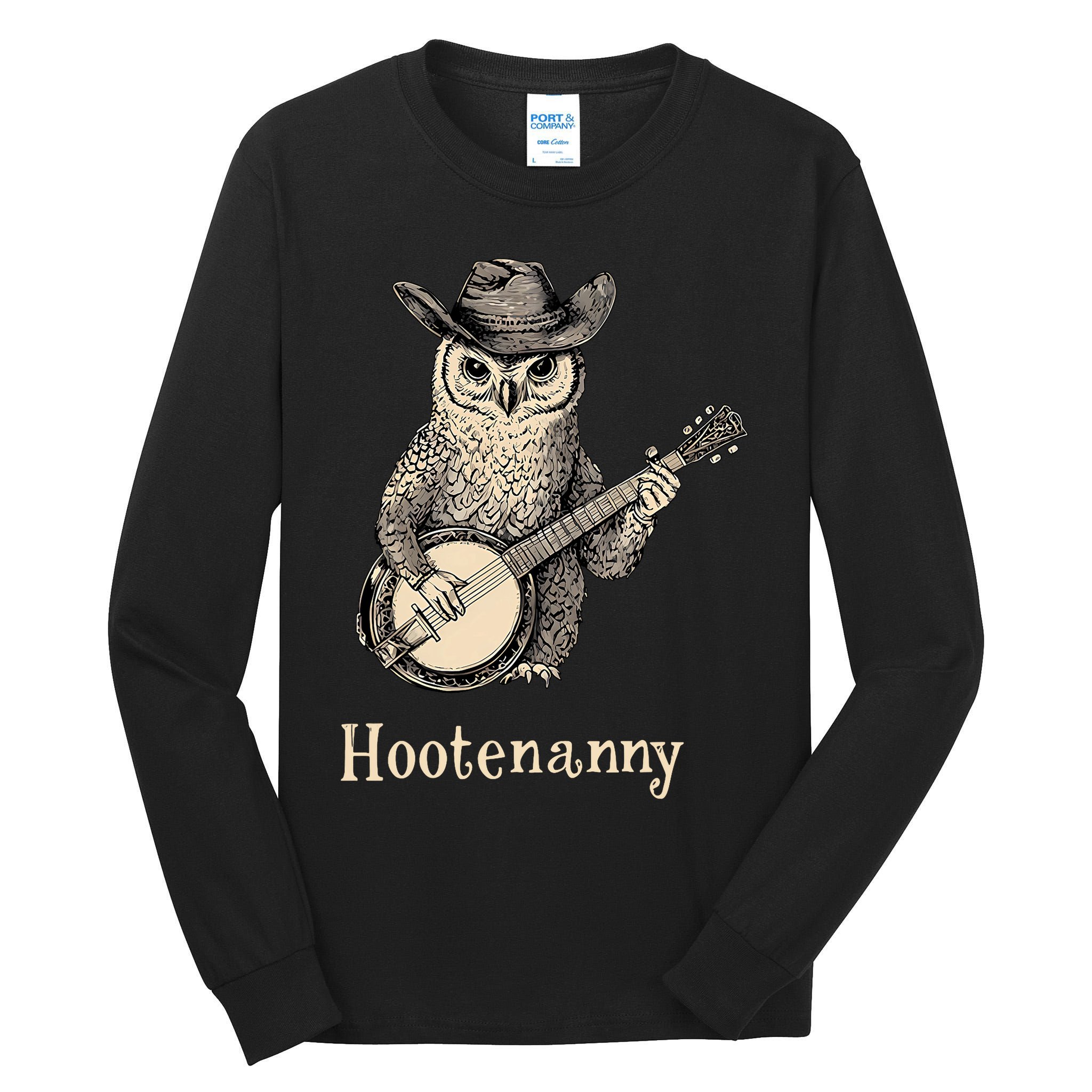 Hootenanny Owl Playing Banjo Country Owl Banjo Guitar Music  Tall Long Sleeve T-Shirt