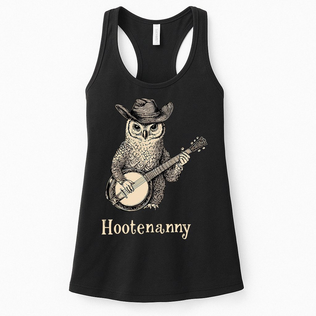 Hootenanny Owl Playing Banjo Country Owl Banjo Guitar Music  Womens Tank Top