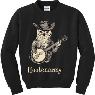 Hootenanny Owl Playing Banjo Country Owl Banjo Guitar Music  Kids Sweatshirt