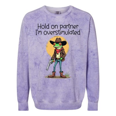 Hold On Partner IM Overstimulated Cow Frog Colorblast Crewneck Sweatshirt