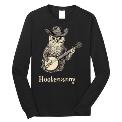 Hootenanny Owl Playing Banjo Country Owl Banjo Guitar Music Long Sleeve Shirt