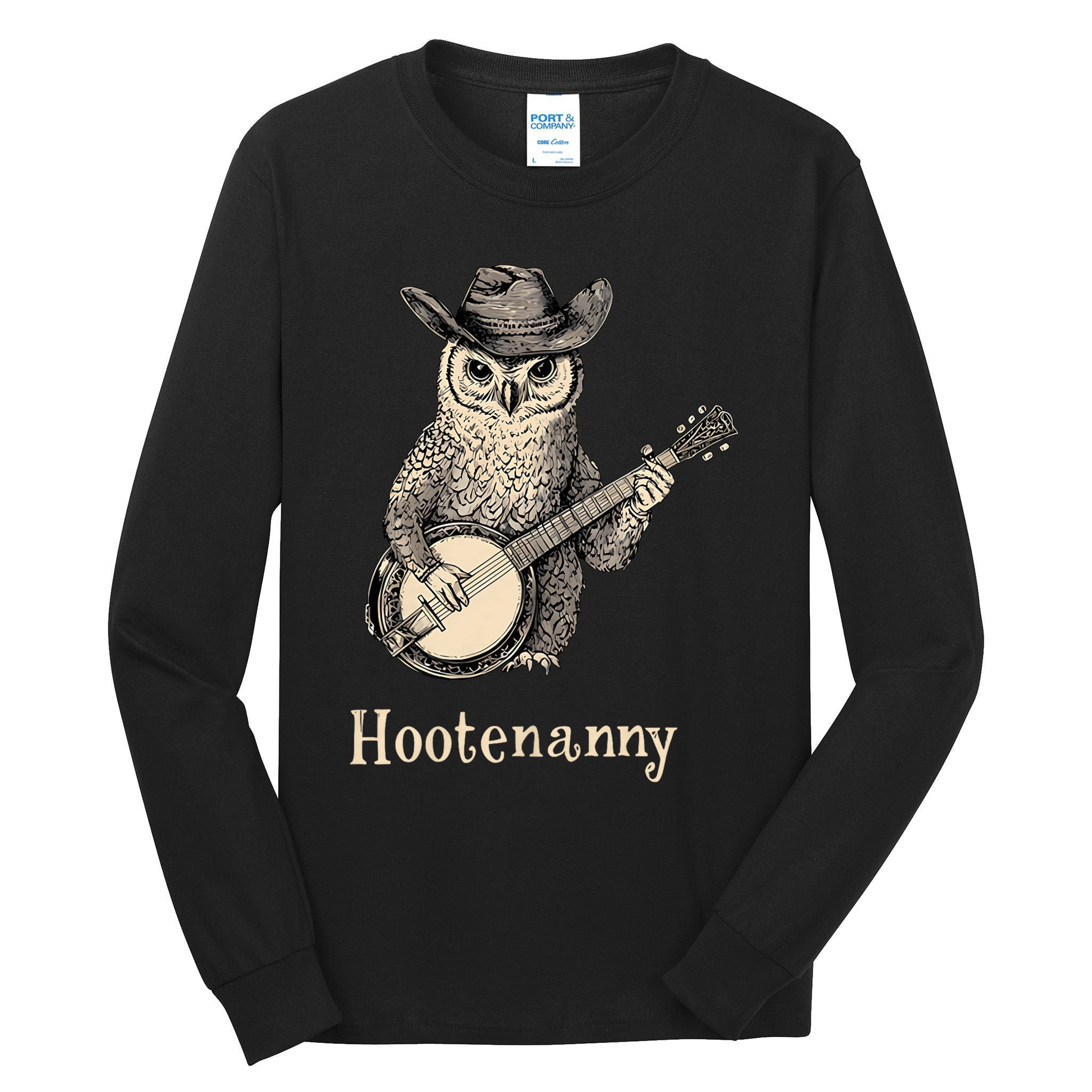 Hootenanny Owl Playing Banjo Country Owl Banjo Guitar Music Tall Long Sleeve T-Shirt