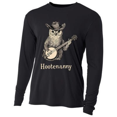 Hootenanny Owl Playing Banjo Country Owl Banjo Guitar Music Cooling Performance Long Sleeve Crew