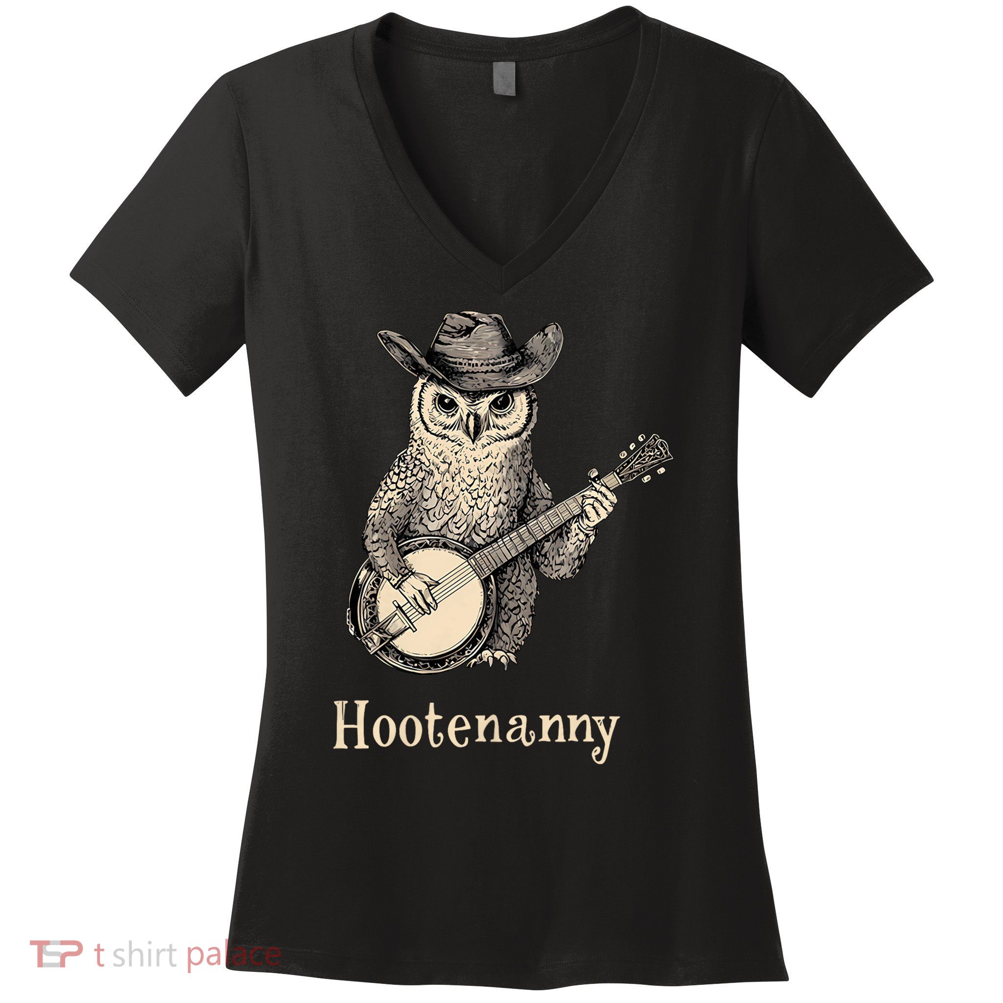 Hootenanny Owl Playing Banjo Country Owl Banjo Guitar Music Women's V-Neck T-Shirt