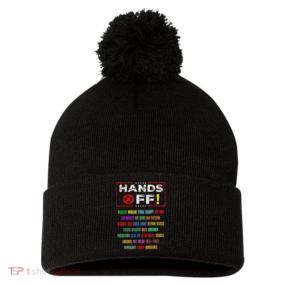Hands Off Protest Social Security And Medicare Protest Pom Pom 12in Knit Beanie