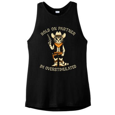 Hold On Partner IM Overstimulated Retro Western Cat Cowboy Ladies PosiCharge Tri-Blend Wicking Tank