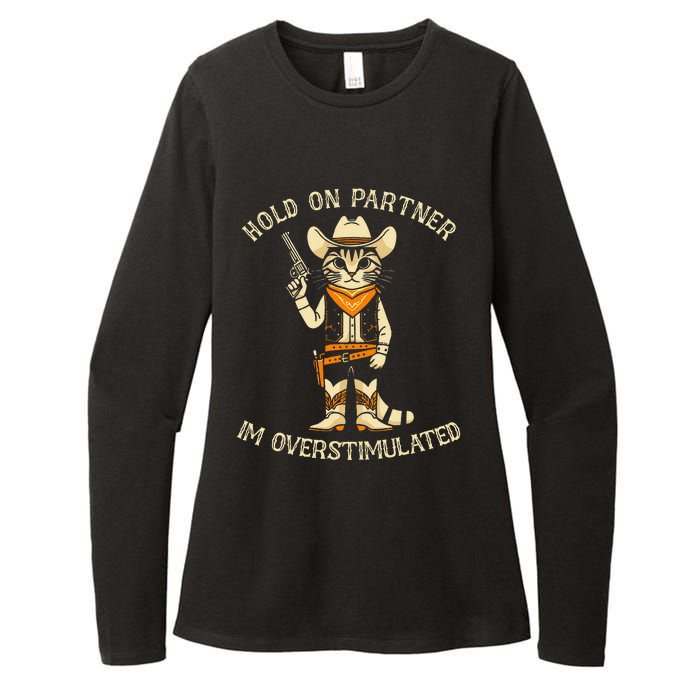 Hold On Partner IM Overstimulated Retro Western Cat Cowboy Womens CVC Long Sleeve Shirt