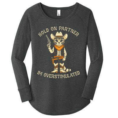 Hold On Partner IM Overstimulated Retro Western Cat Cowboy Women's Perfect Tri Tunic Long Sleeve Shirt