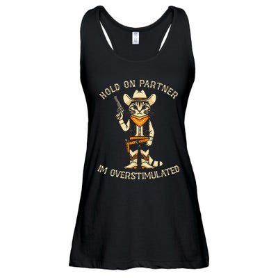 Hold On Partner IM Overstimulated Retro Western Cat Cowboy Ladies Essential Flowy Tank