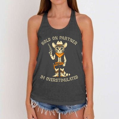 Hold On Partner IM Overstimulated Retro Western Cat Cowboy Women's Knotted Racerback Tank