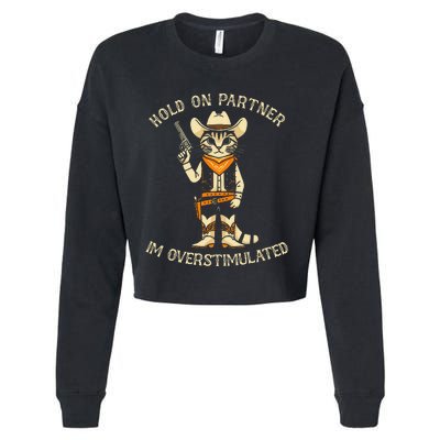 Hold On Partner IM Overstimulated Retro Western Cat Cowboy Cropped Pullover Crew