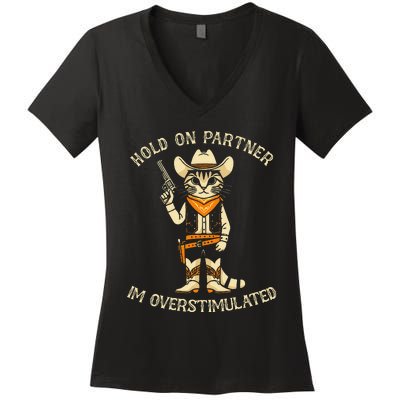 Hold On Partner IM Overstimulated Retro Western Cat Cowboy Women's V-Neck T-Shirt