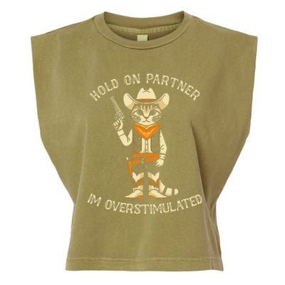 Hold On Partner IM Overstimulated Retro Western Cat Cowboy Garment-Dyed Women's Muscle Tee