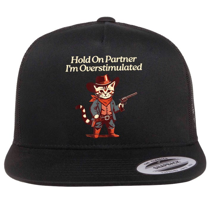 Hold On Partner IM Overstimulated Western Cat Cowboy Flat Bill Trucker Hat