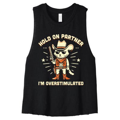 Hold On Partner IM Overstimulated Retro Western Cat Cowboy Women's Racerback Cropped Tank