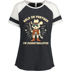 Hold On Partner IM Overstimulated Retro Western Cat Cowboy Enza Ladies Jersey Colorblock Tee