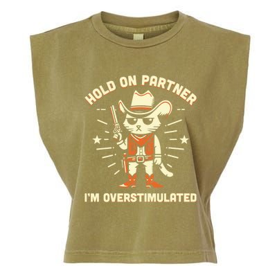 Hold On Partner IM Overstimulated Retro Western Cat Cowboy Garment-Dyed Women's Muscle Tee