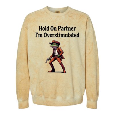 Hold On Partner IM Overstimulated Cowboy Frog Colorblast Crewneck Sweatshirt