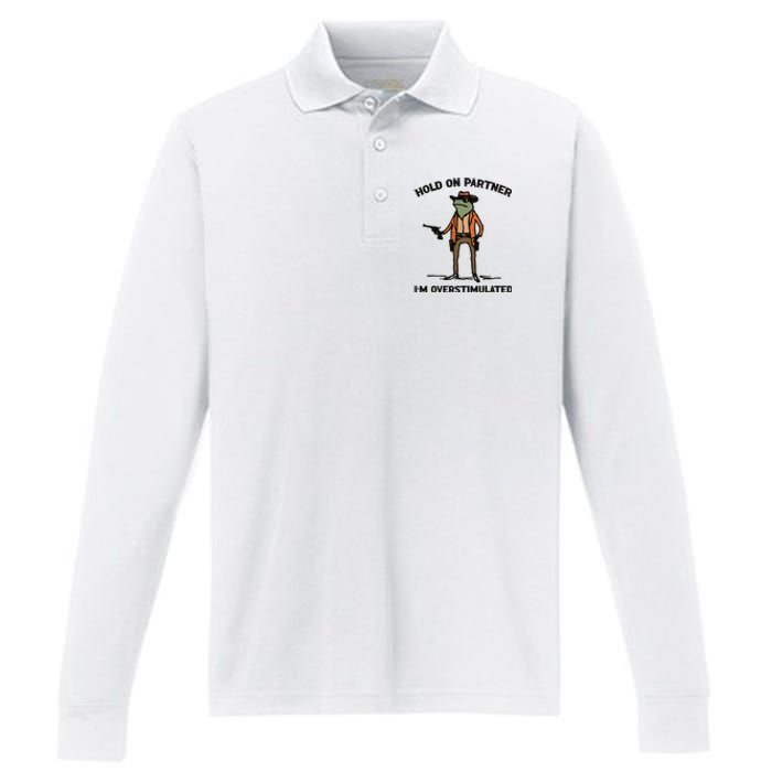 Hold On Partner Im Overstimulated Cowboy Frog Vintage Performance Long Sleeve Polo