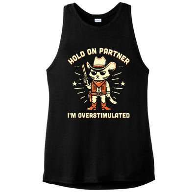 Hold On Partner IM Overstimulated Retro Western Cat Cowboy Ladies PosiCharge Tri-Blend Wicking Tank