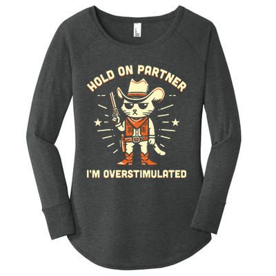 Hold On Partner IM Overstimulated Retro Western Cat Cowboy Women's Perfect Tri Tunic Long Sleeve Shirt