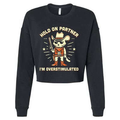 Hold On Partner IM Overstimulated Retro Western Cat Cowboy Cropped Pullover Crew