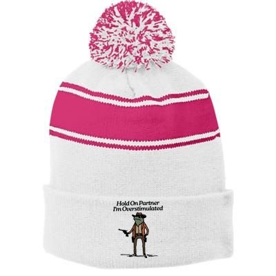 Hold On Partner Im Overstimulated Cowboy Frog Vintage Stripe Pom Pom Beanie