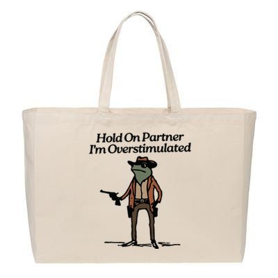 Hold On Partner Im Overstimulated Cowboy Frog Vintage Cotton Canvas Jumbo Tote