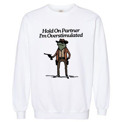 Hold On Partner Im Overstimulated Cowboy Frog Vintage Garment-Dyed Sweatshirt