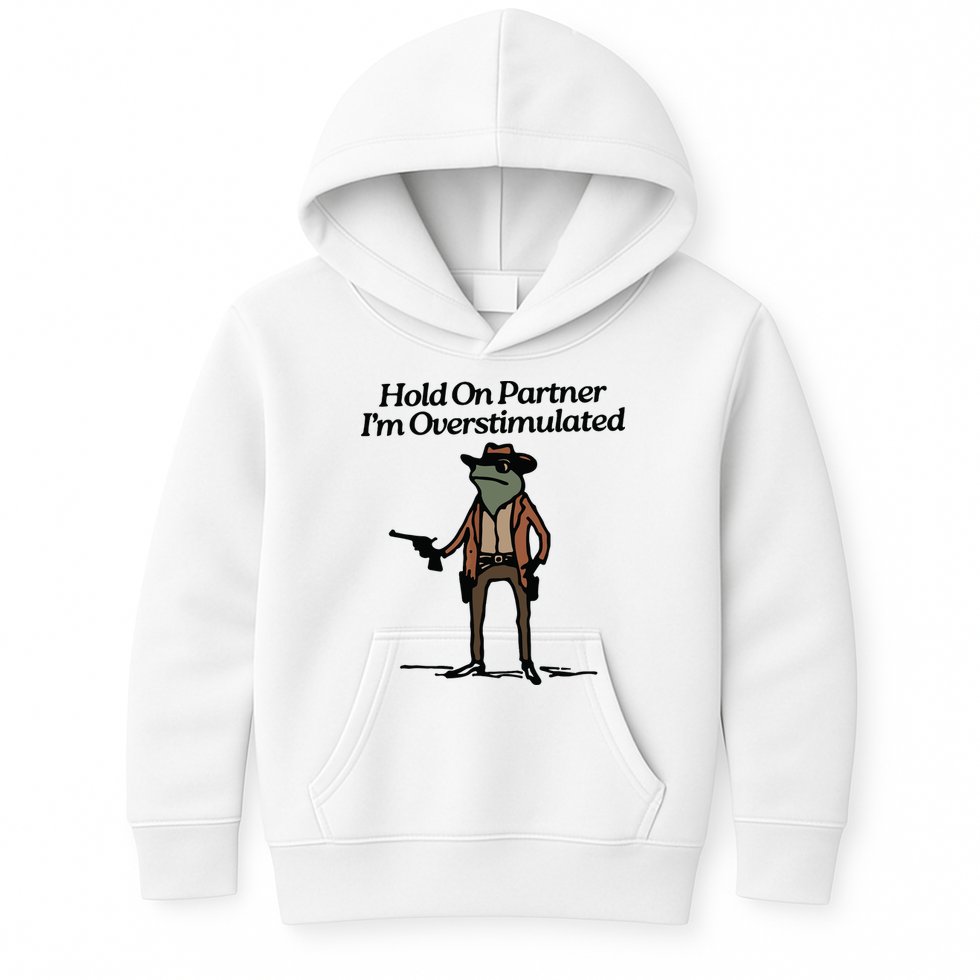 Hold On Partner Im Overstimulated Cowboy Frog Vintage Kids Hoodie
